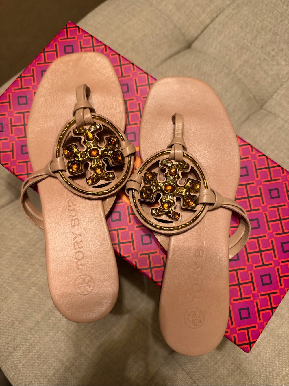 Tory Burch Jeweled Miller Nappa Leather Logo Sandals size 6 Meadowsweet